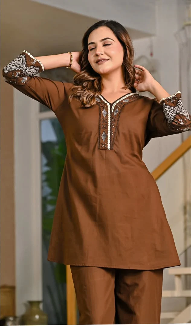 Chocolate Brown Embroidered Kurta Pant Set