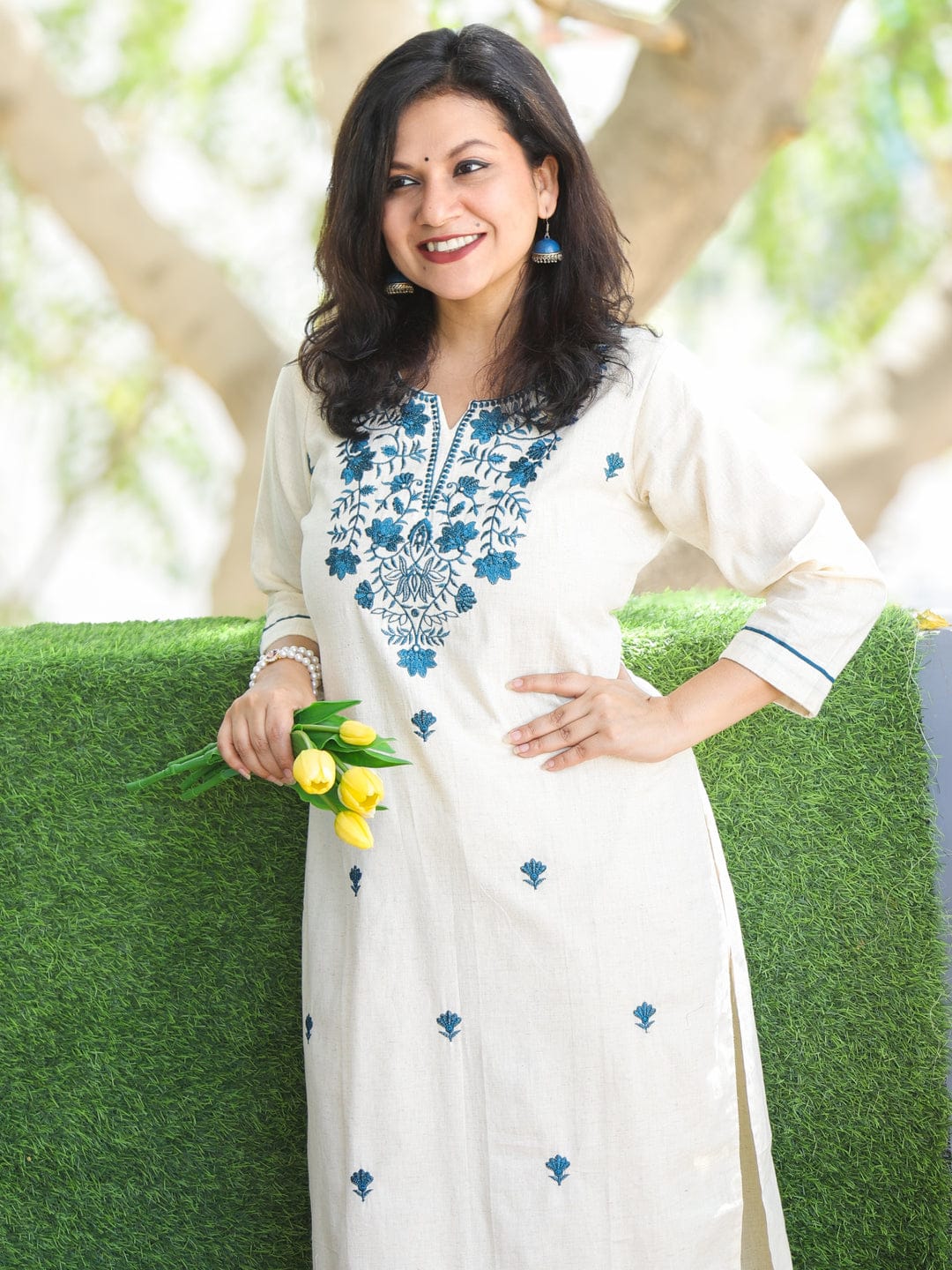 Cream White with Blue Thread Embroidery Neck Work Cotton Kurti - Image 3