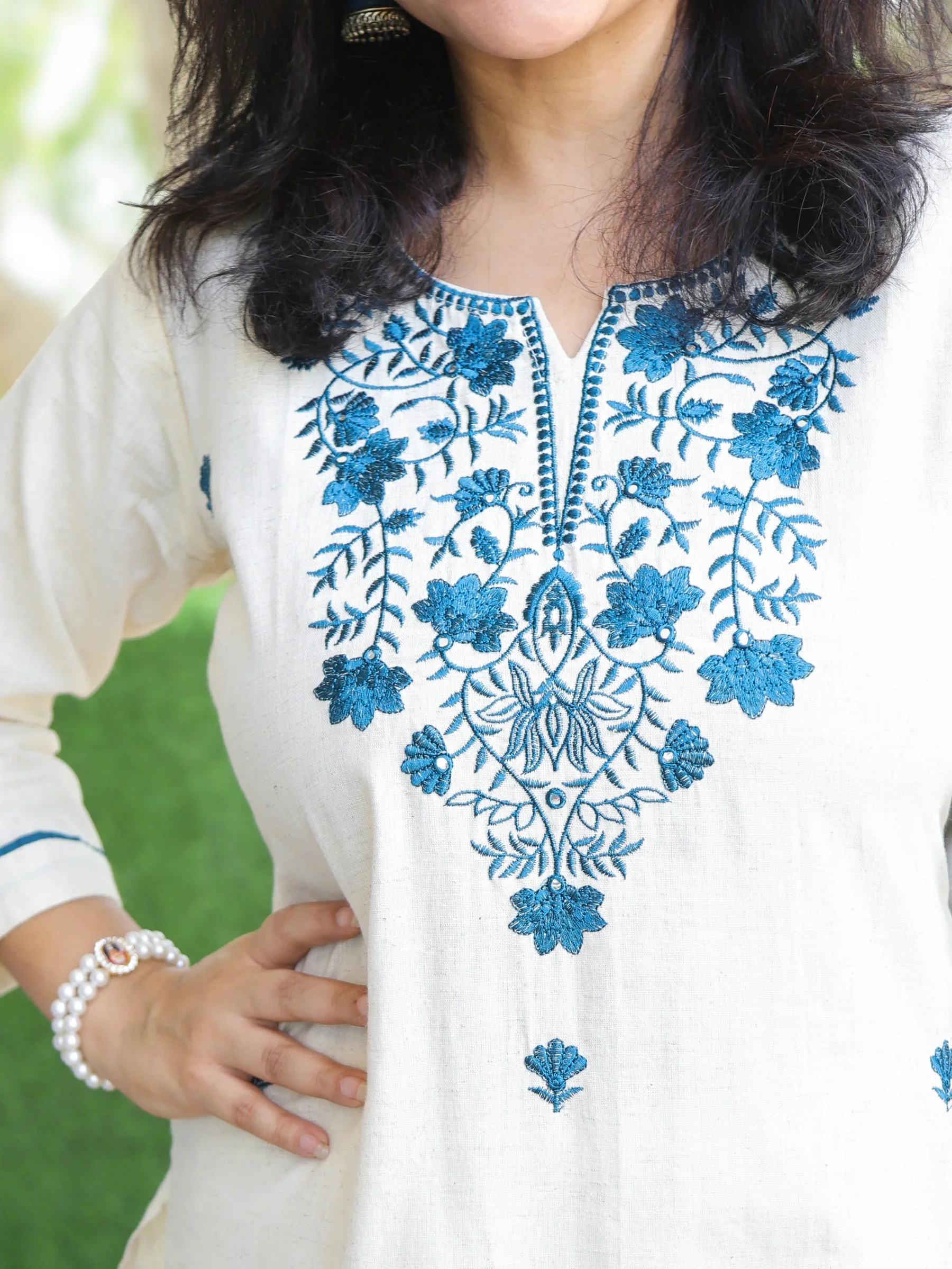 Cream White with Blue Thread Embroidery Neck Work Cotton Kurti - Image 4