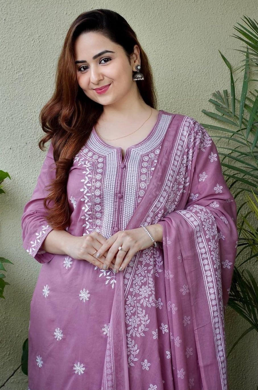 Dusty Lavender Embroidered Suit Set with Dupatta - Image 4