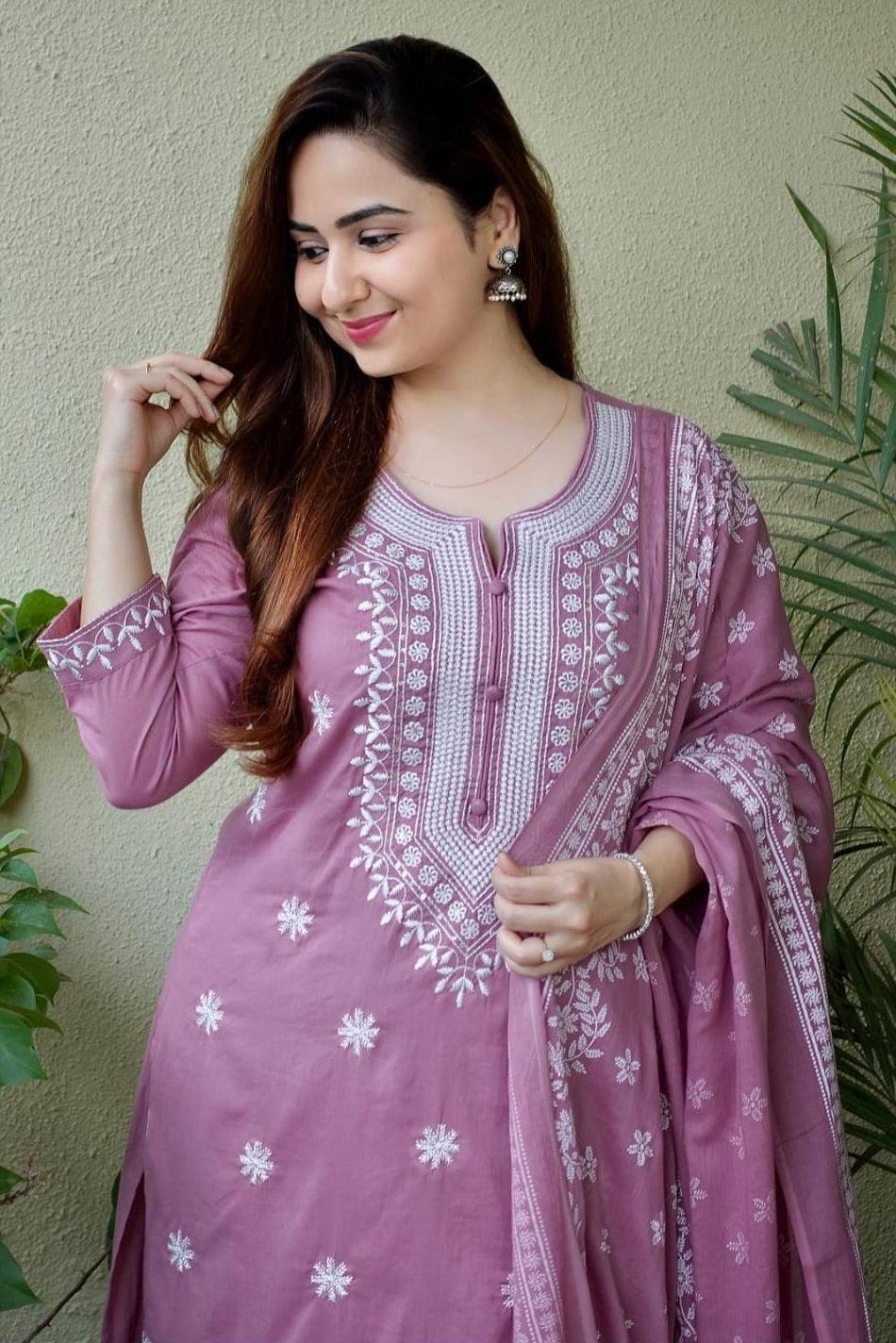 Dusty Lavender Embroidered Suit Set with Dupatta - Image 5