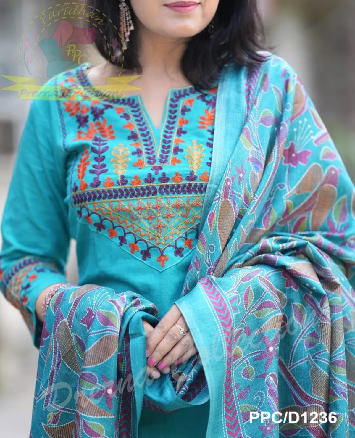 Elegant Blue Cotton Embroidered Kurta Set with Khaddar Silk Dupatta - Image 2