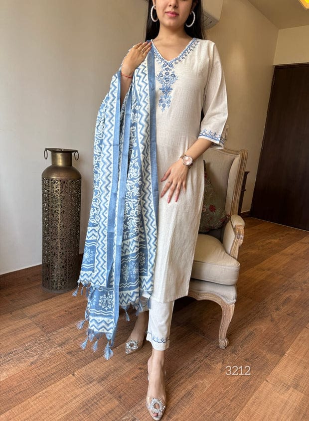 Elegant Handloom Cotton Embroidered Kurta Set with Dupatta - Image 4