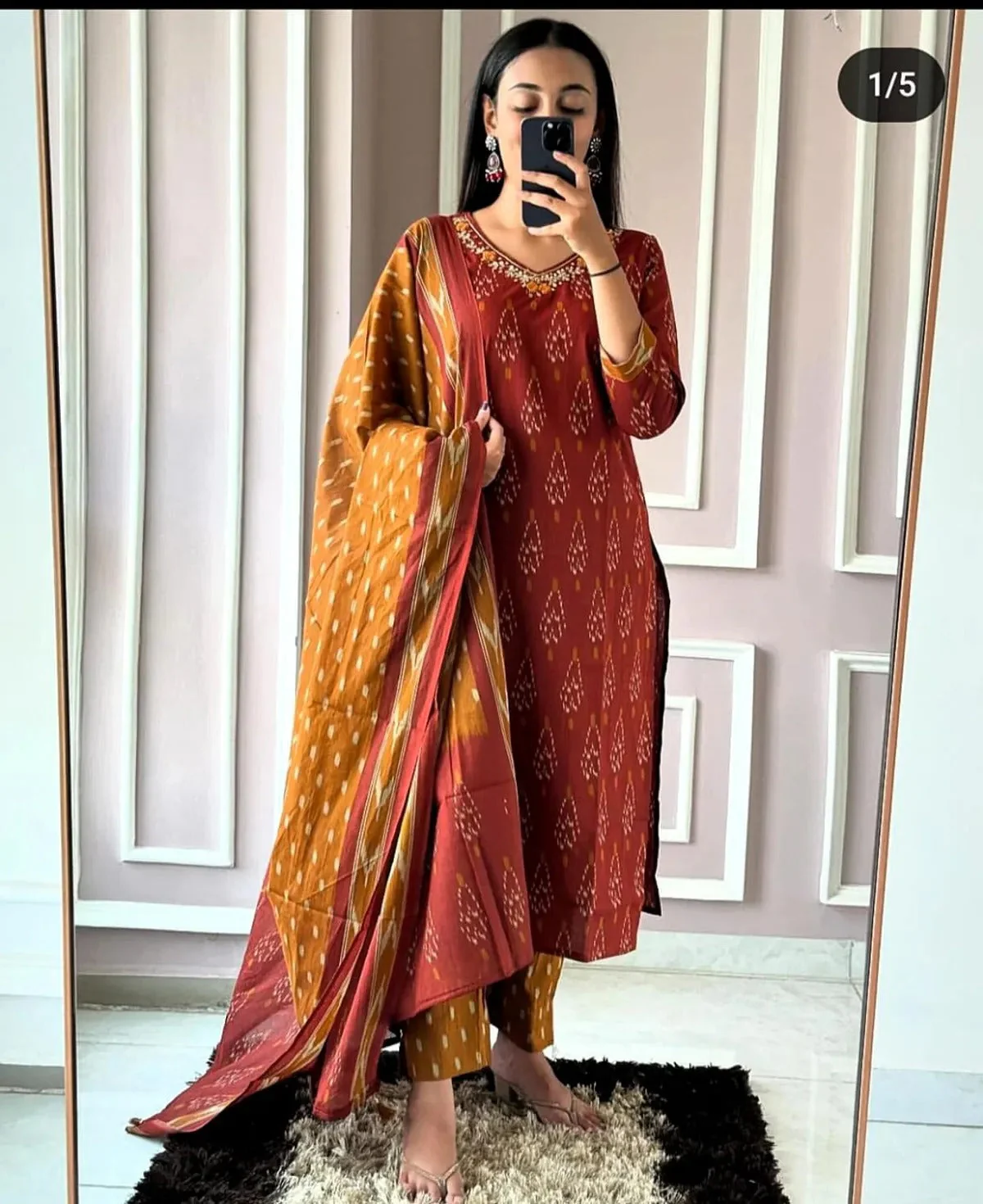 Elegant Ikat Print Kurti Set With Dupatta - Image 5