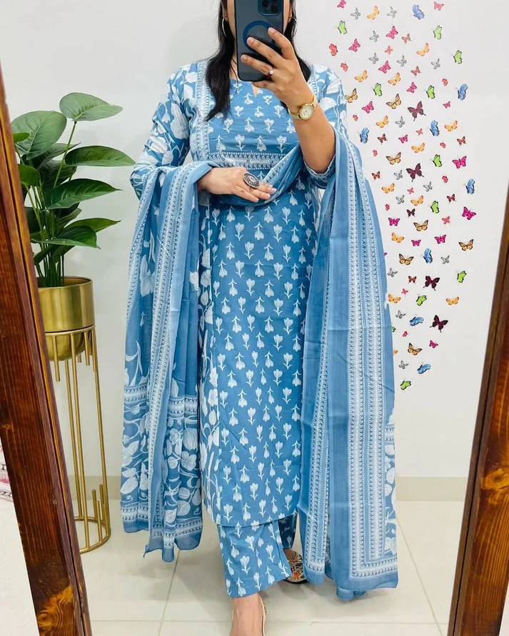 Elegant Sky Blue Floral Printed Cotton Suit Set - Image 3