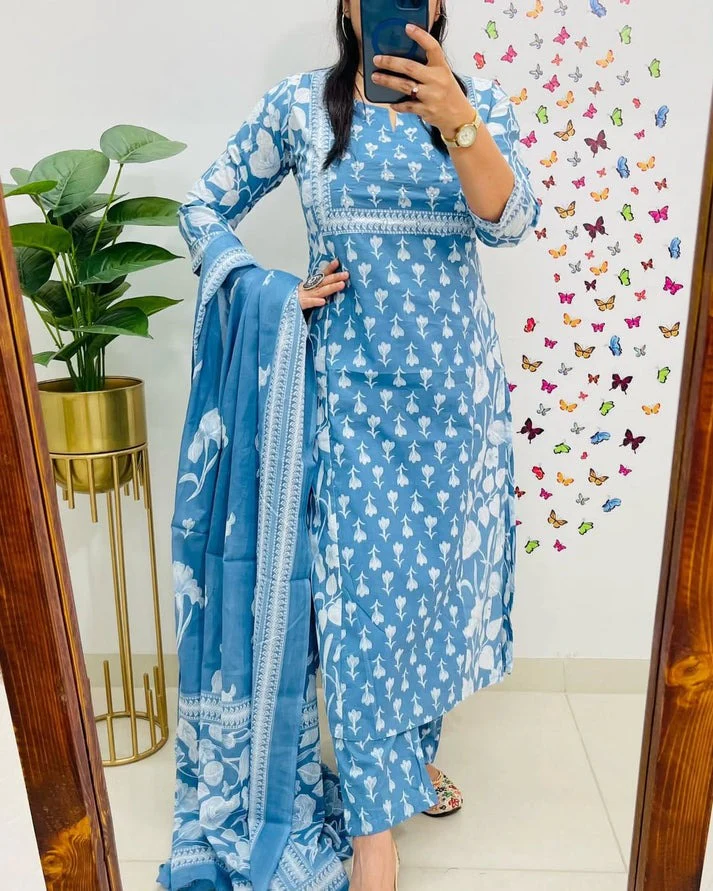 Elegant Sky Blue Floral Printed Cotton Suit Set - Image 4