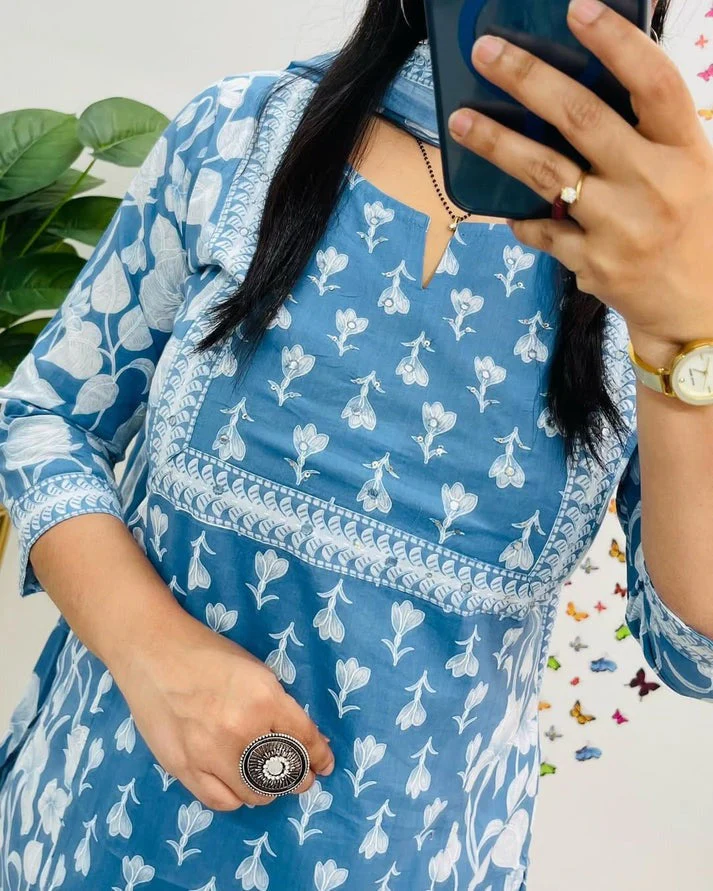 Elegant Sky Blue Floral Printed Cotton Suit Set - Image 5