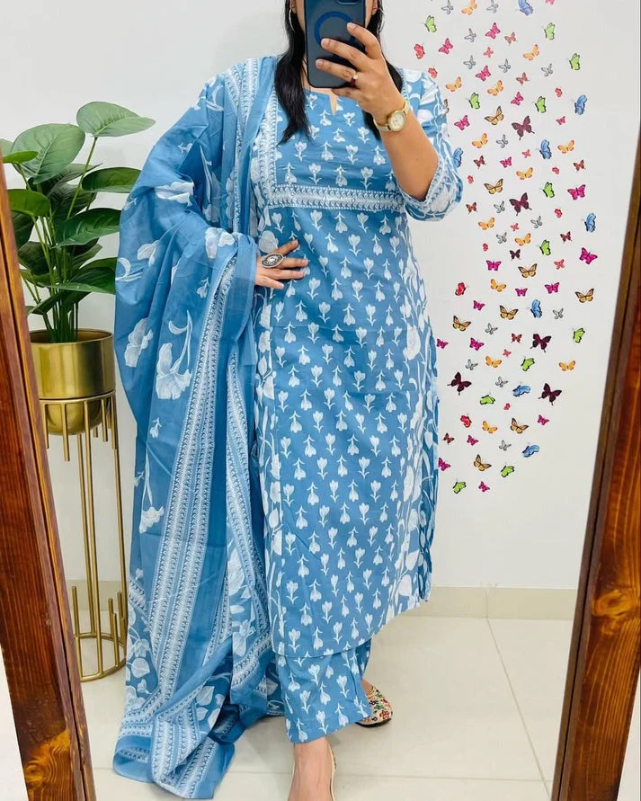 Elegant Sky Blue Floral Printed Cotton Suit Set - Image 6