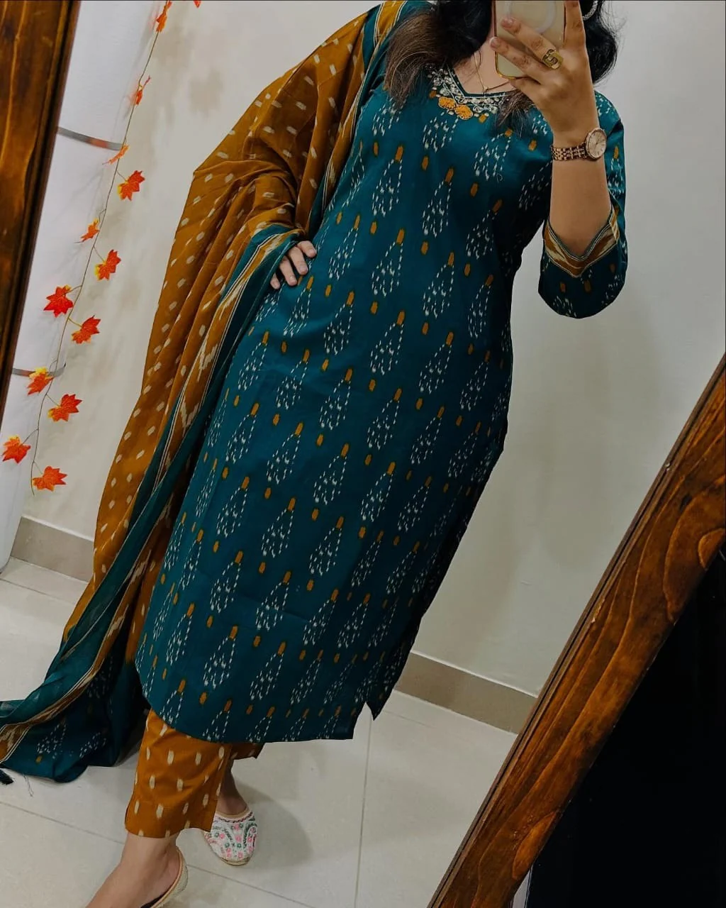 Elegant Teal & Mustard Ikat Print Cotton Suit Set - Image 2