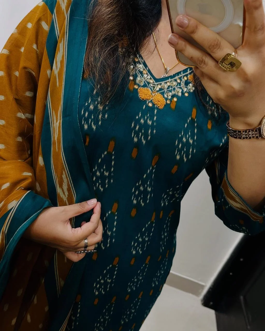 Elegant Teal & Mustard Ikat Print Cotton Suit Set - Image 3