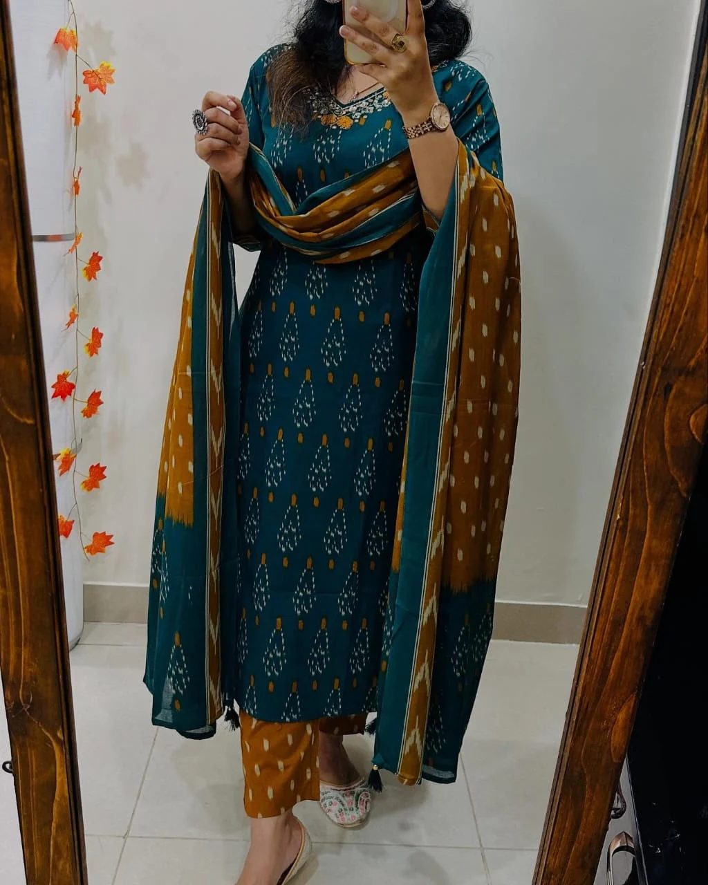 Elegant Teal & Mustard Ikat Print Cotton Suit Set - Image 4