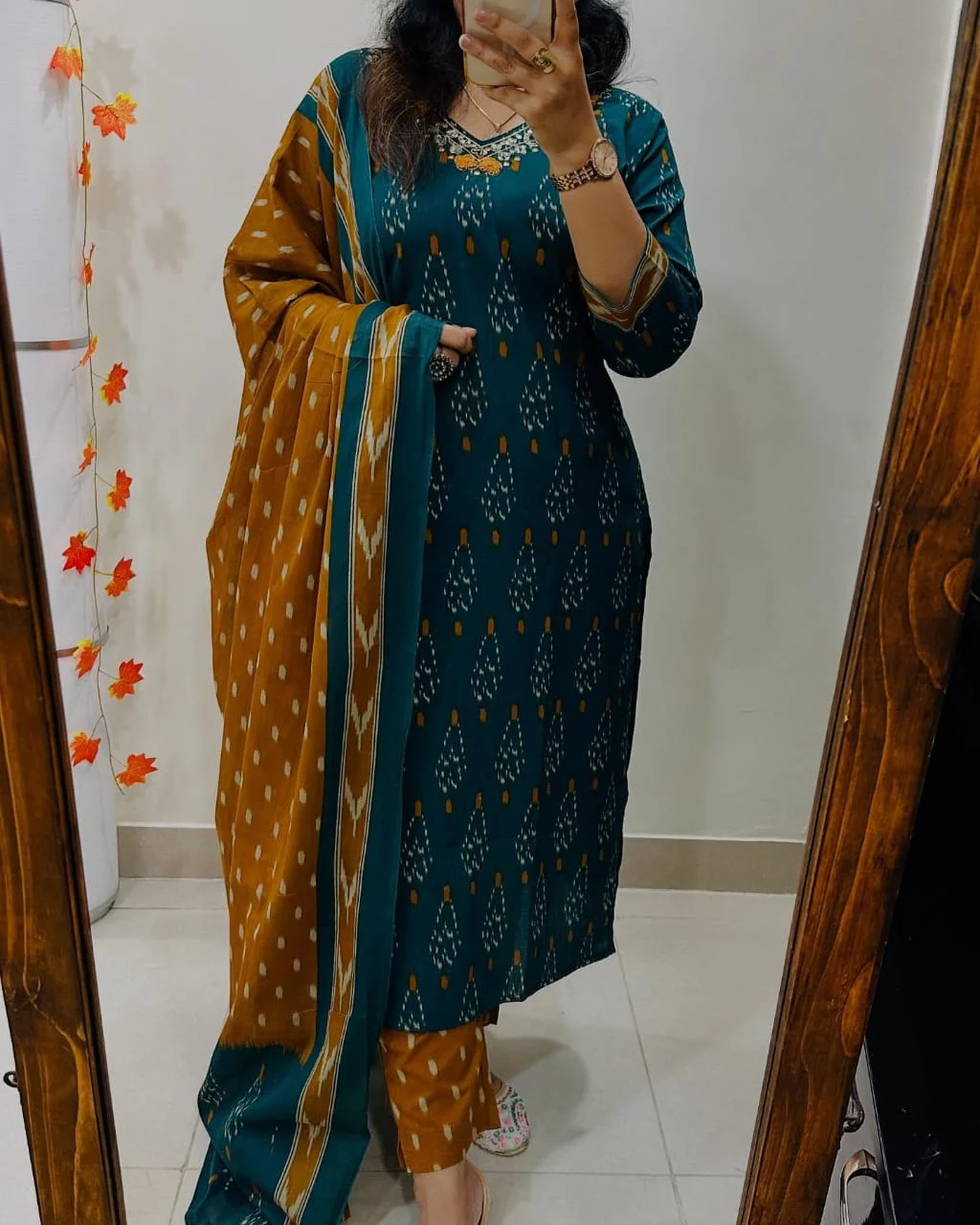 Elegant Teal & Mustard Ikat Print Cotton Suit Set - Image 5