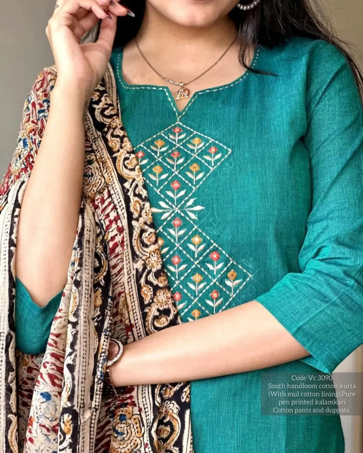 Elegant Teal South Handloom Cotton Kurta Set - Image 2