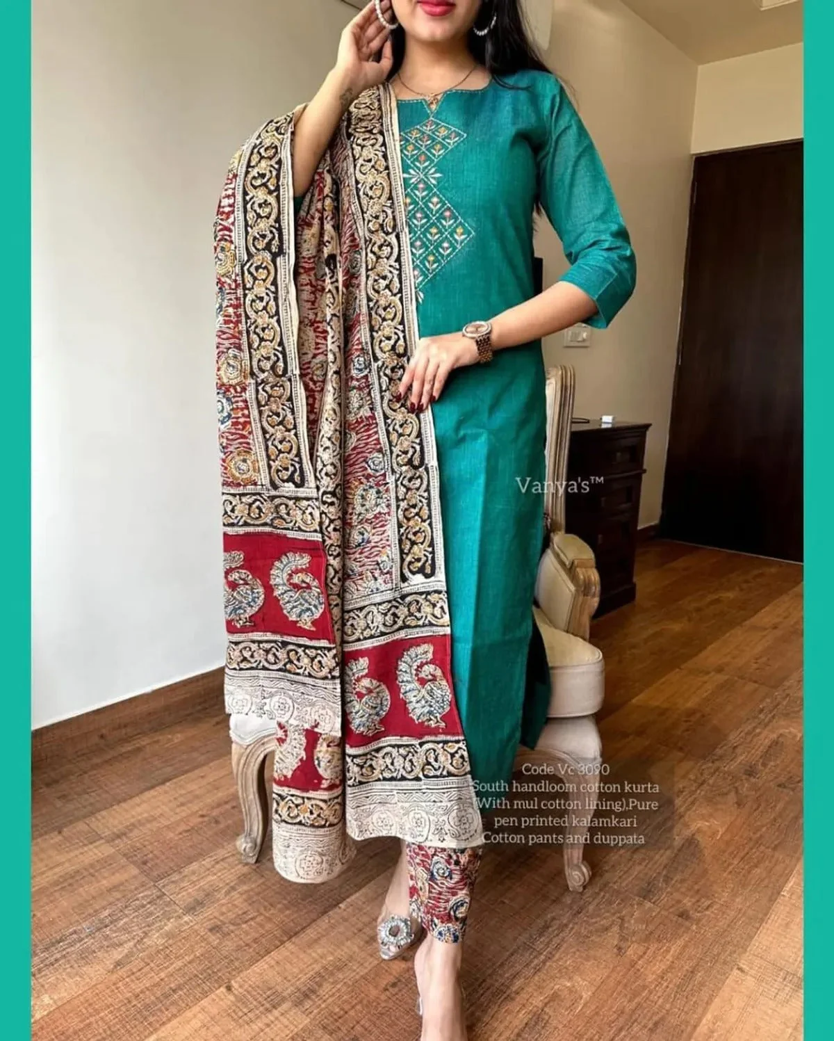 Elegant Teal South Handloom Cotton Kurta Set - Image 3