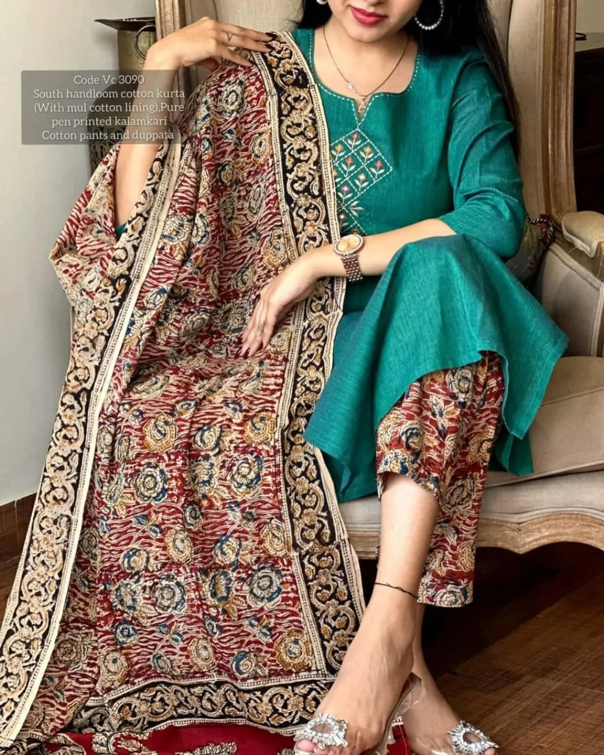 Elegant Teal South Handloom Cotton Kurta Set - Image 5