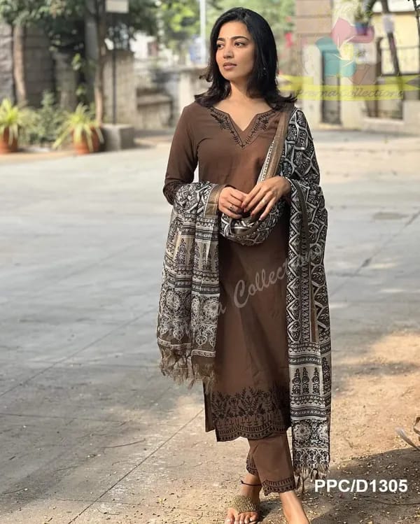 Elegant Brown Kurta Set with Printed Dupatta - Image 3