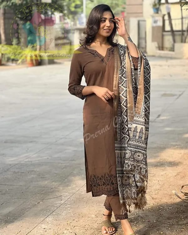 Elegant Brown Kurta Set with Printed Dupatta - Image 4
