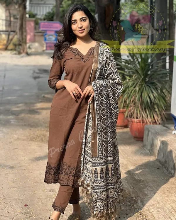 Elegant Brown Kurta Set with Printed Dupatta - Image 5