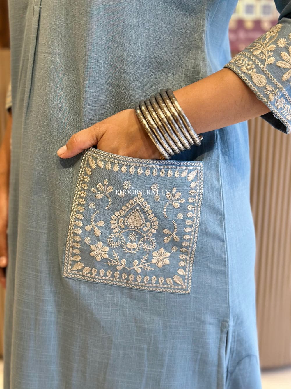 Jaipur Kurta Elegant Sky Blue Embroidered Cotton Kurta Set - Image 5