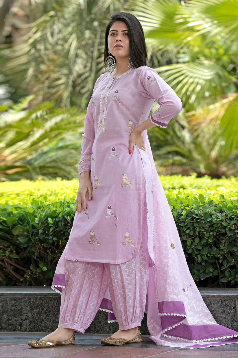 Jaipur Kurta Lavender Bird Motif Cotton Kurti Set - Image 6