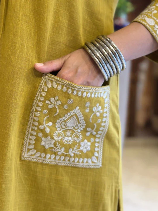 Jaipur Kurta Mustard Yellow Cotton Kurta With White Embroidery - Image 3