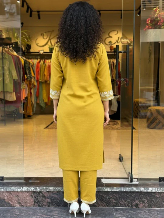 Jaipur Kurta Mustard Yellow Cotton Kurta With White Embroidery - Image 4