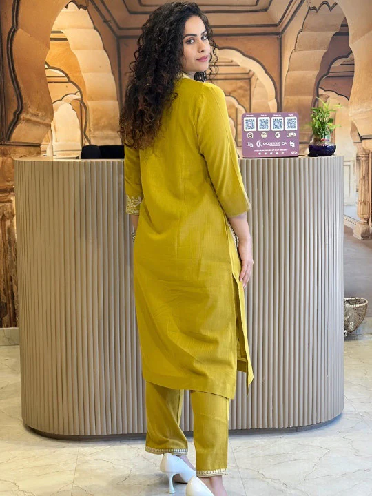Jaipur Kurta Mustard Yellow Cotton Kurta With White Embroidery - Image 5