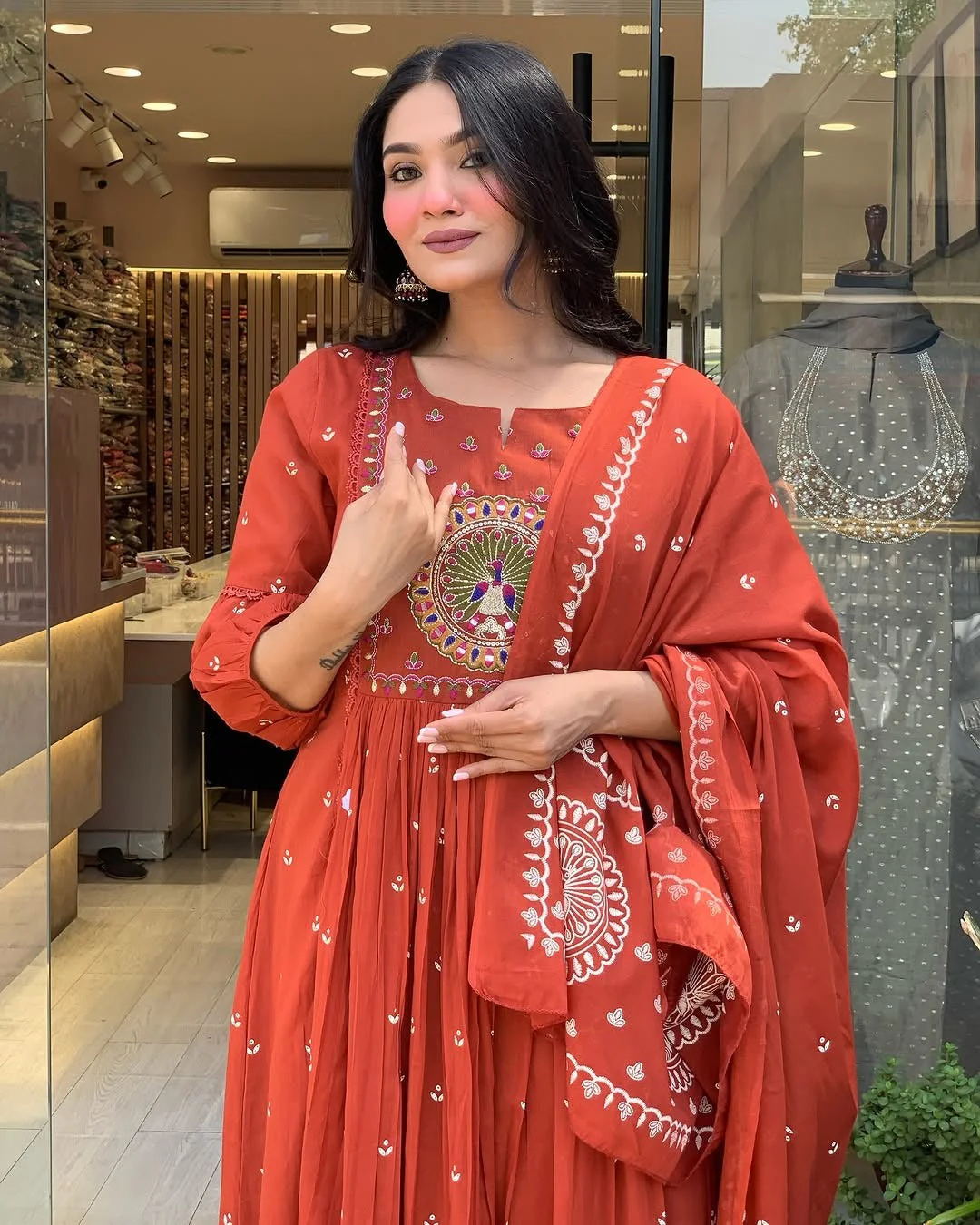Jaipur Kurta Terracotta Mirror Work Anarkali Set - Image 3