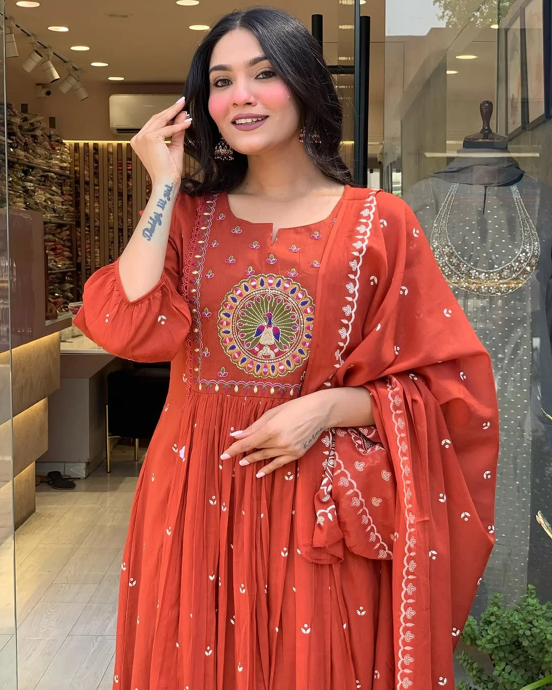 Jaipur Kurta Terracotta Mirror Work Anarkali Set - Image 4
