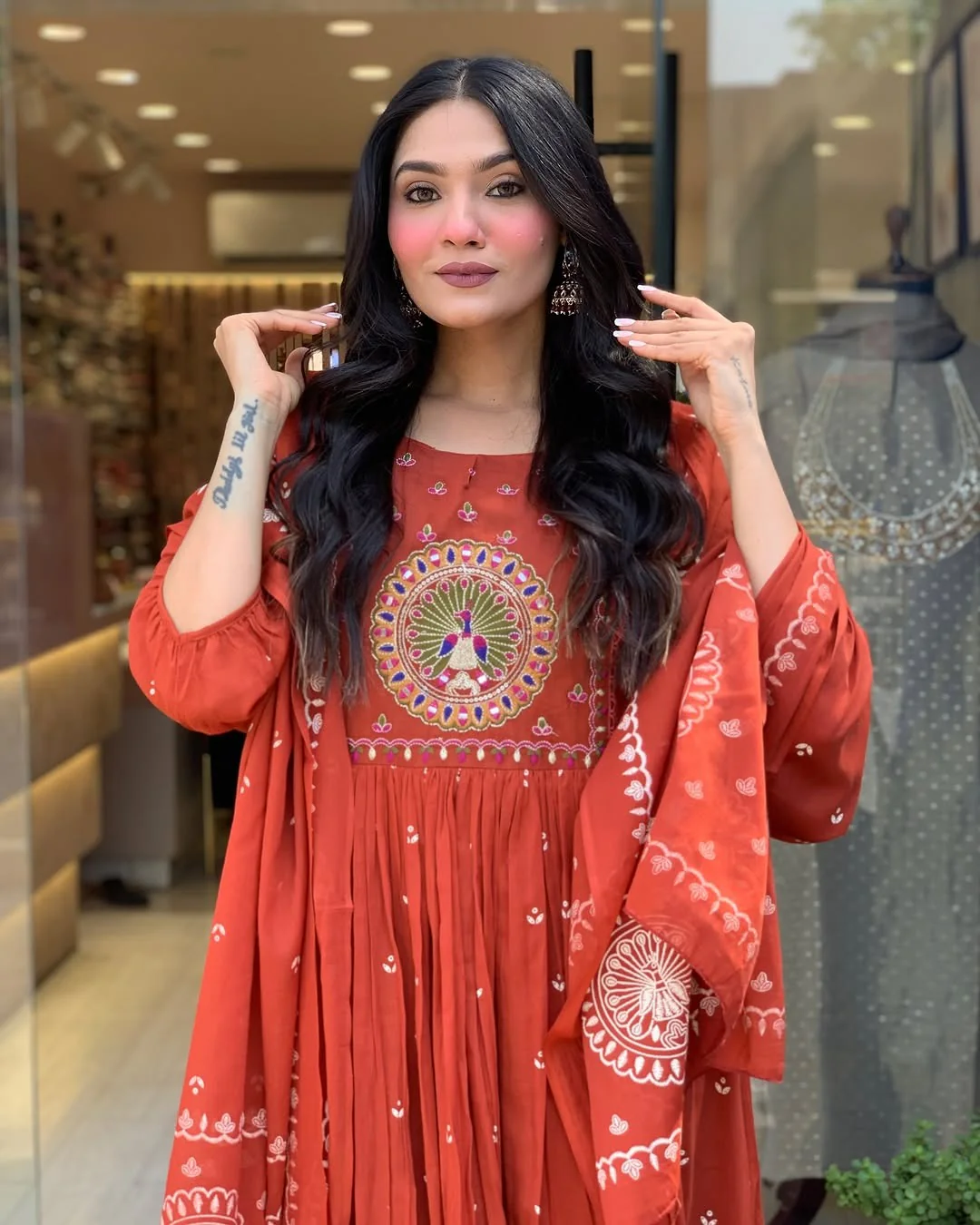 Jaipur Kurta Terracotta Mirror Work Anarkali Set - Image 5