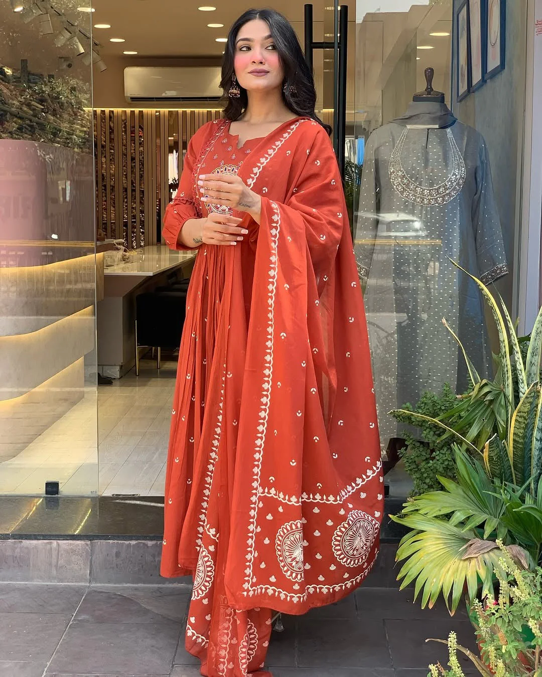 Jaipur Kurta Terracotta Mirror Work Anarkali Set - Image 6