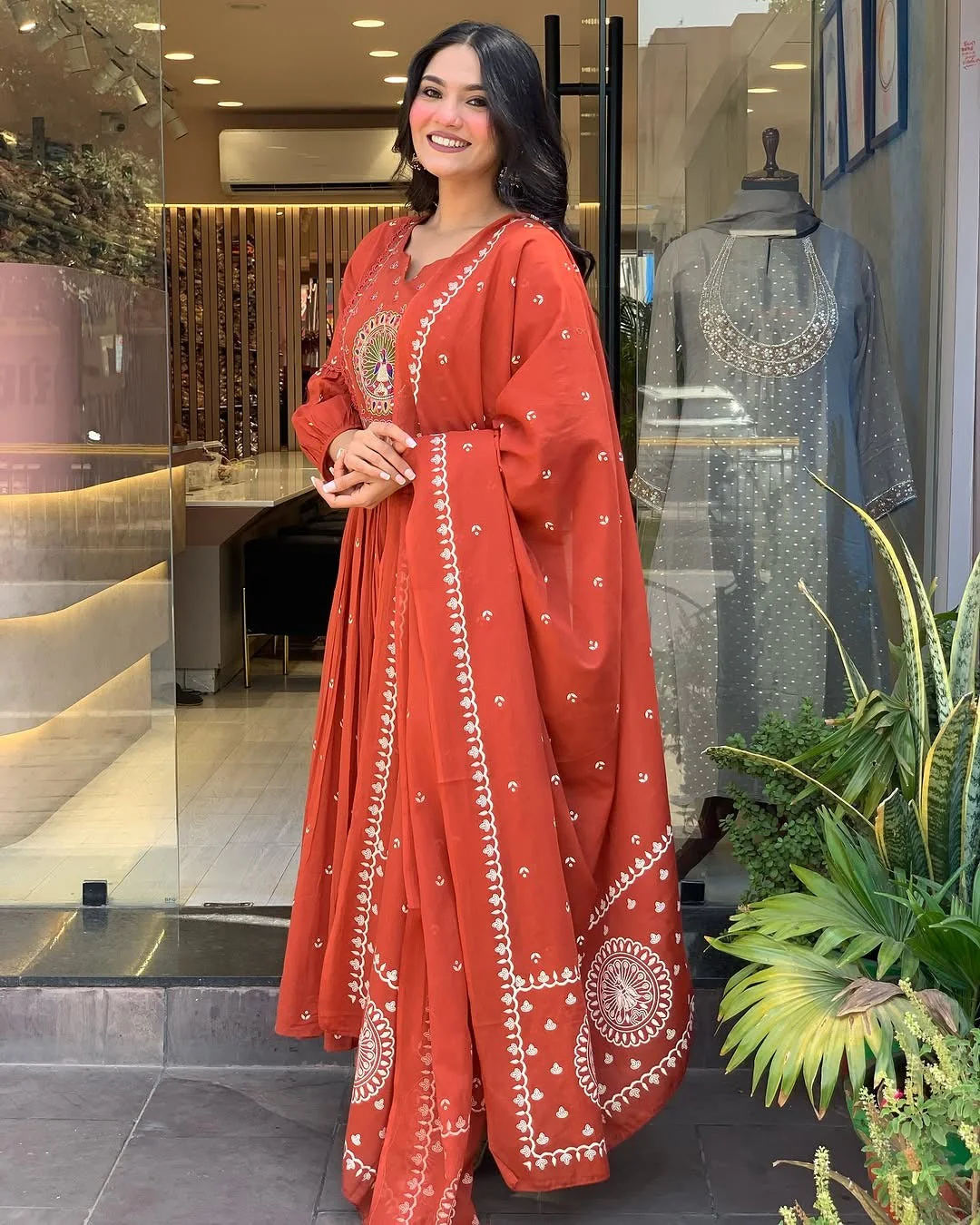 Jaipur Kurta Terracotta Mirror Work Anarkali Set - Image 7