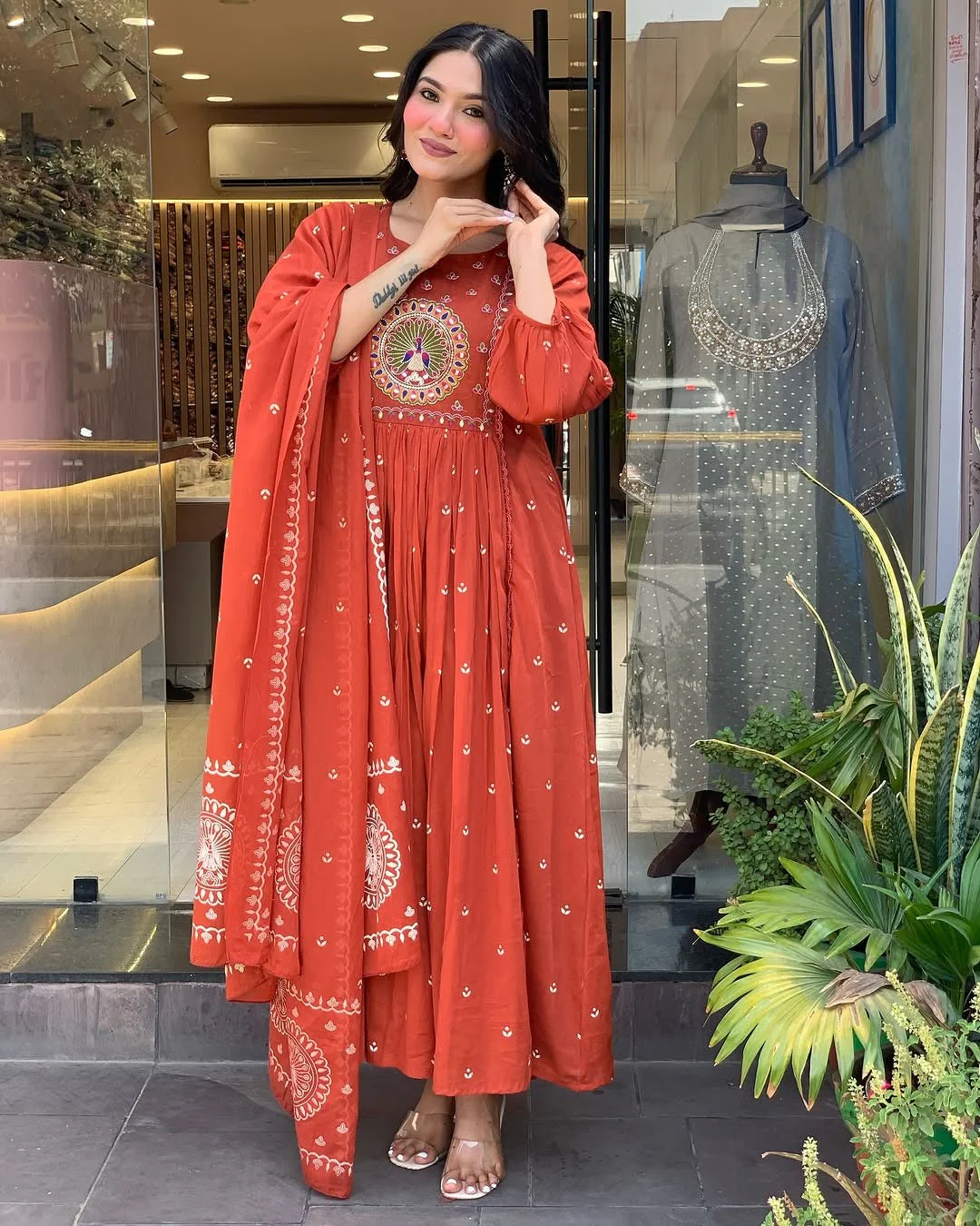 Jaipur Kurta Terracotta Mirror Work Anarkali Set - Image 8