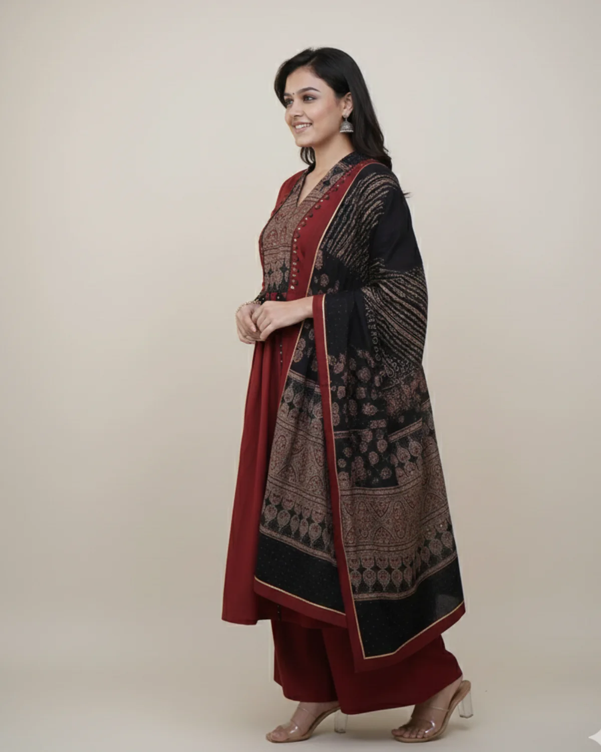 Maroon Printed Kurta Set with Contrast Dupatta - Image 2