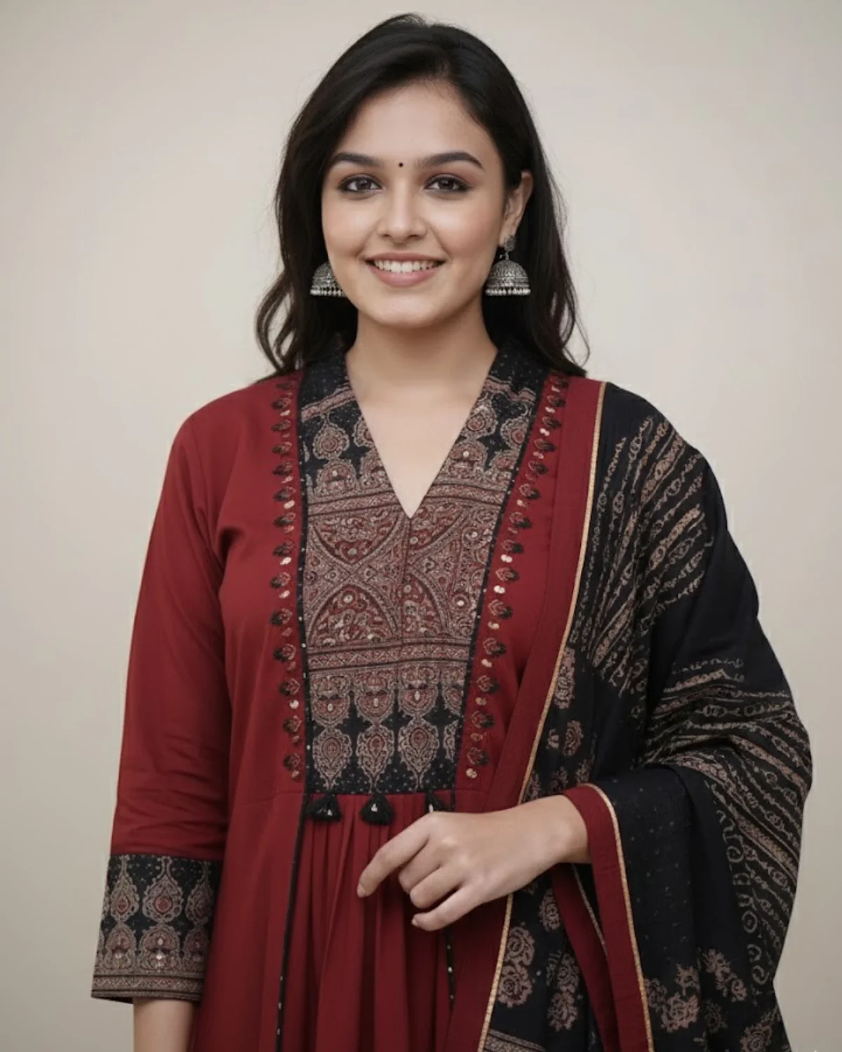 Maroon Printed Kurta Set with Contrast Dupatta - Image 3