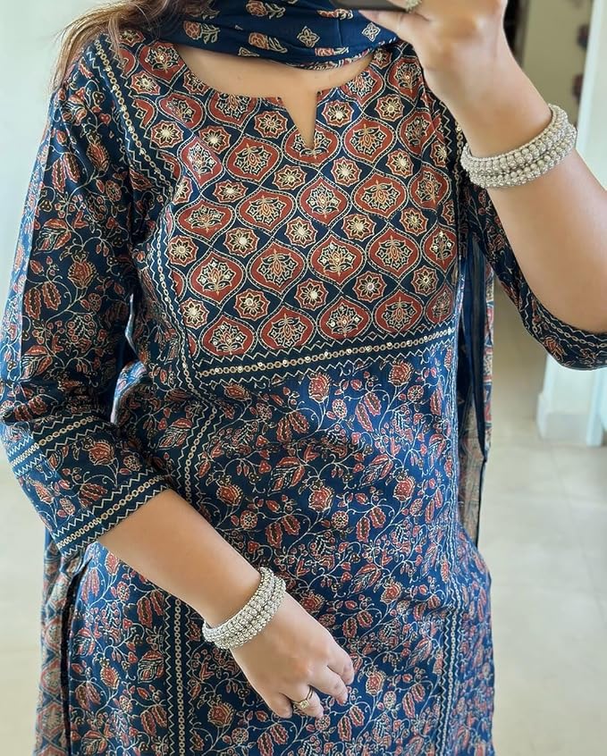 Navy Blue Ajrakh Printed Kurta Set with Dupatta - Image 2
