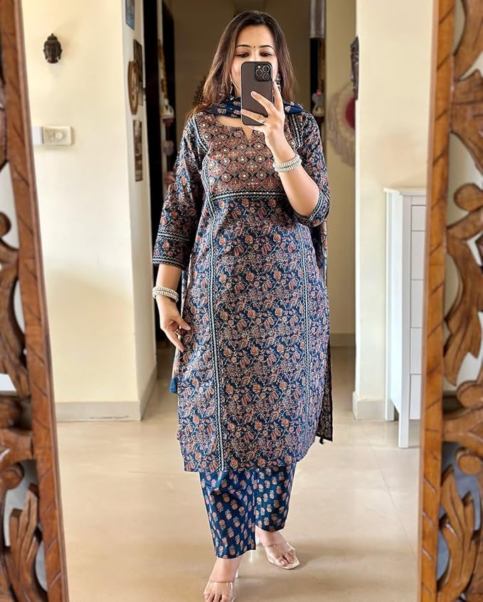 Navy Blue Ajrakh Printed Kurta Set with Dupatta - Image 3