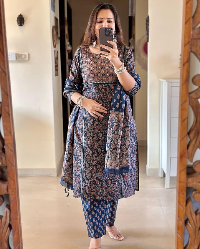 Navy Blue Ajrakh Printed Kurta Set with Dupatta - Image 4