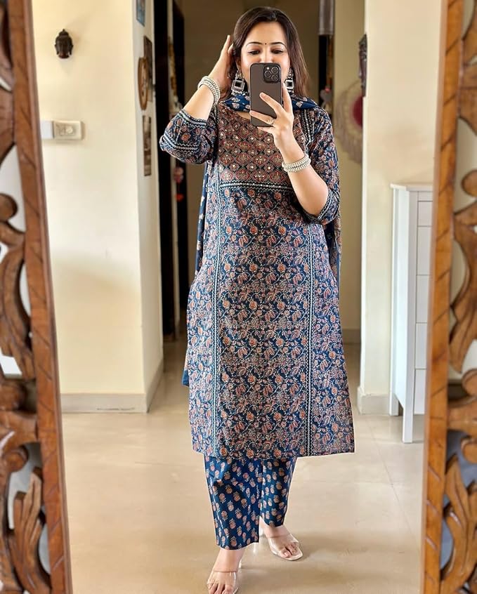 Navy Blue Ajrakh Printed Kurta Set with Dupatta - Image 5
