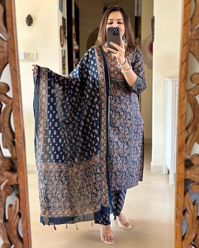 Navy Blue Ajrakh Printed Kurta Set with Dupatta - Image 6