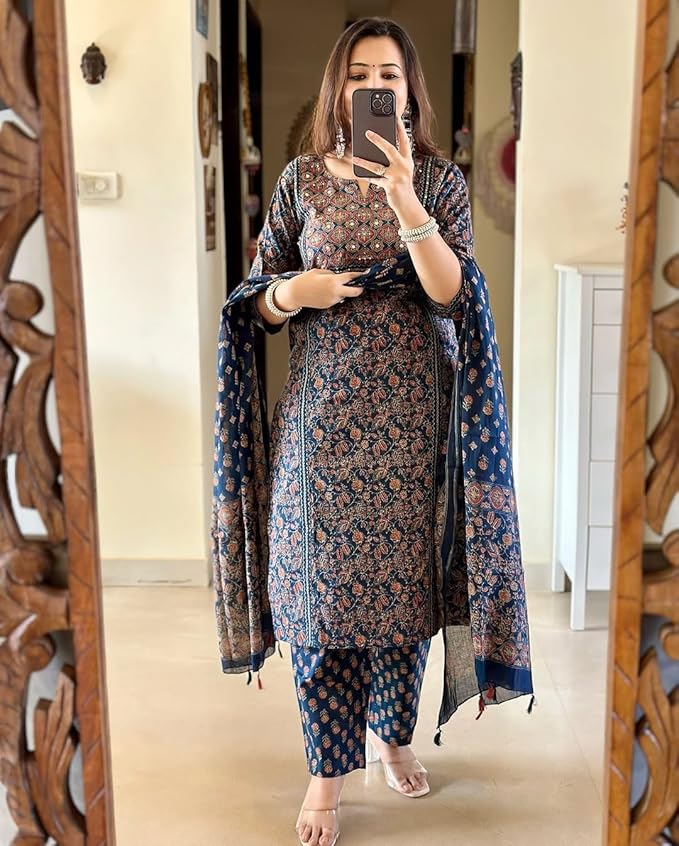 Navy Blue Ajrakh Printed Kurta Set with Dupatta - Image 7