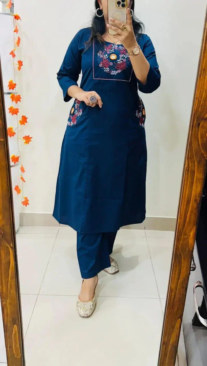 Navy Blue Embroidered Straight Kurta Set with Pants for Women - Image 2