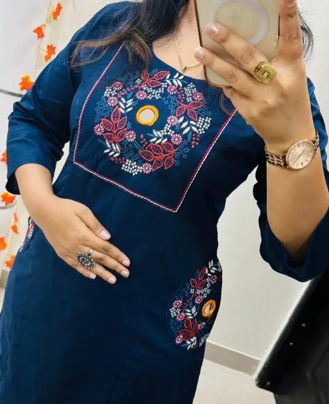Navy Blue Embroidered Straight Kurta Set with Pants for Women - Image 3