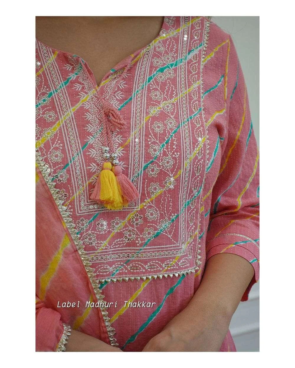Pink Leheriya Cotton Blend Embroidered Suit Set For Women - Image 2