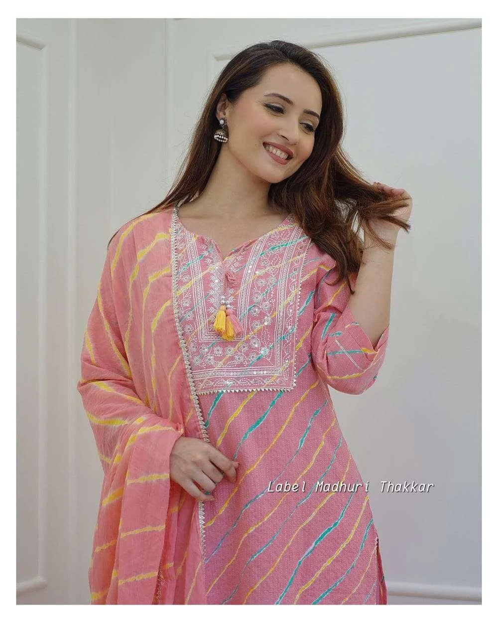 Pink Leheriya Cotton Blend Embroidered Suit Set For Women - Image 3
