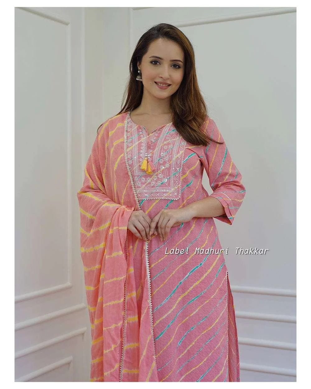Pink Leheriya Cotton Blend Embroidered Suit Set For Women - Image 4