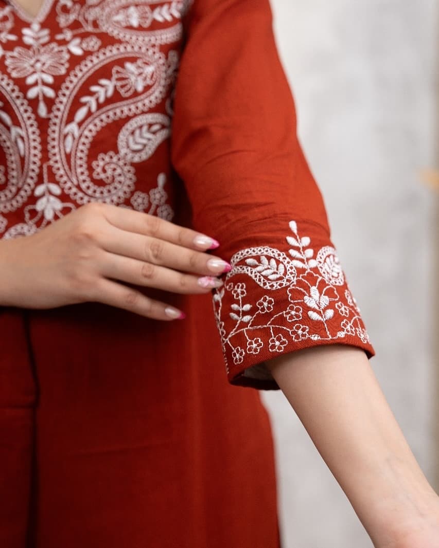 Premium Embroidered Cotton Kurti, Pants and Dupatta Set - Image 5
