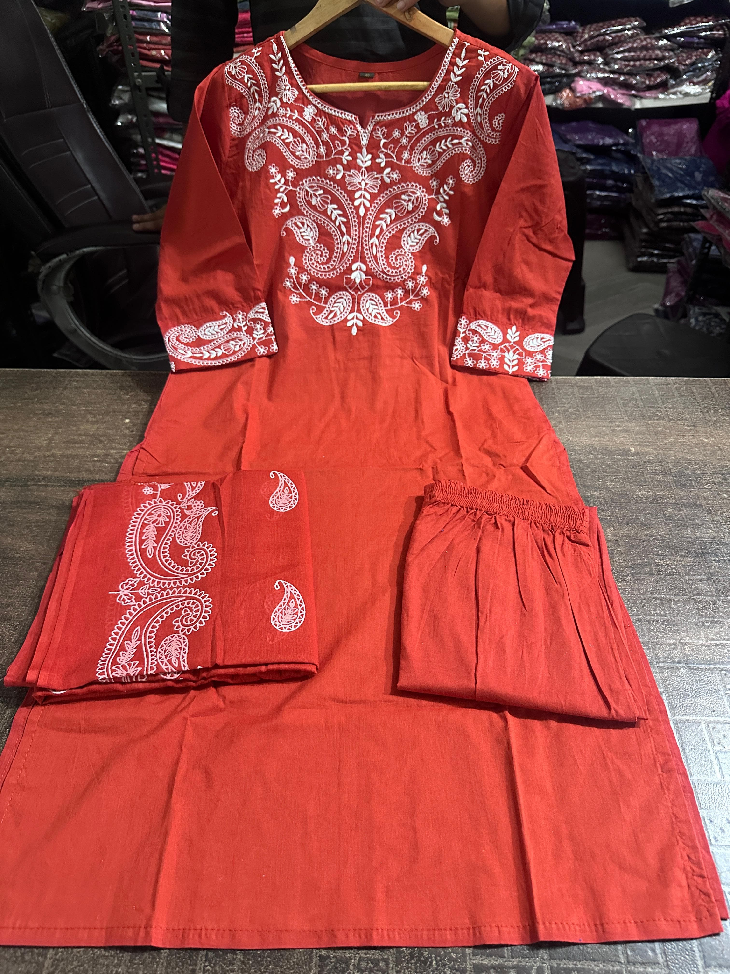 Premium Embroidered Cotton Kurti, Pants and Dupatta Set - Image 6