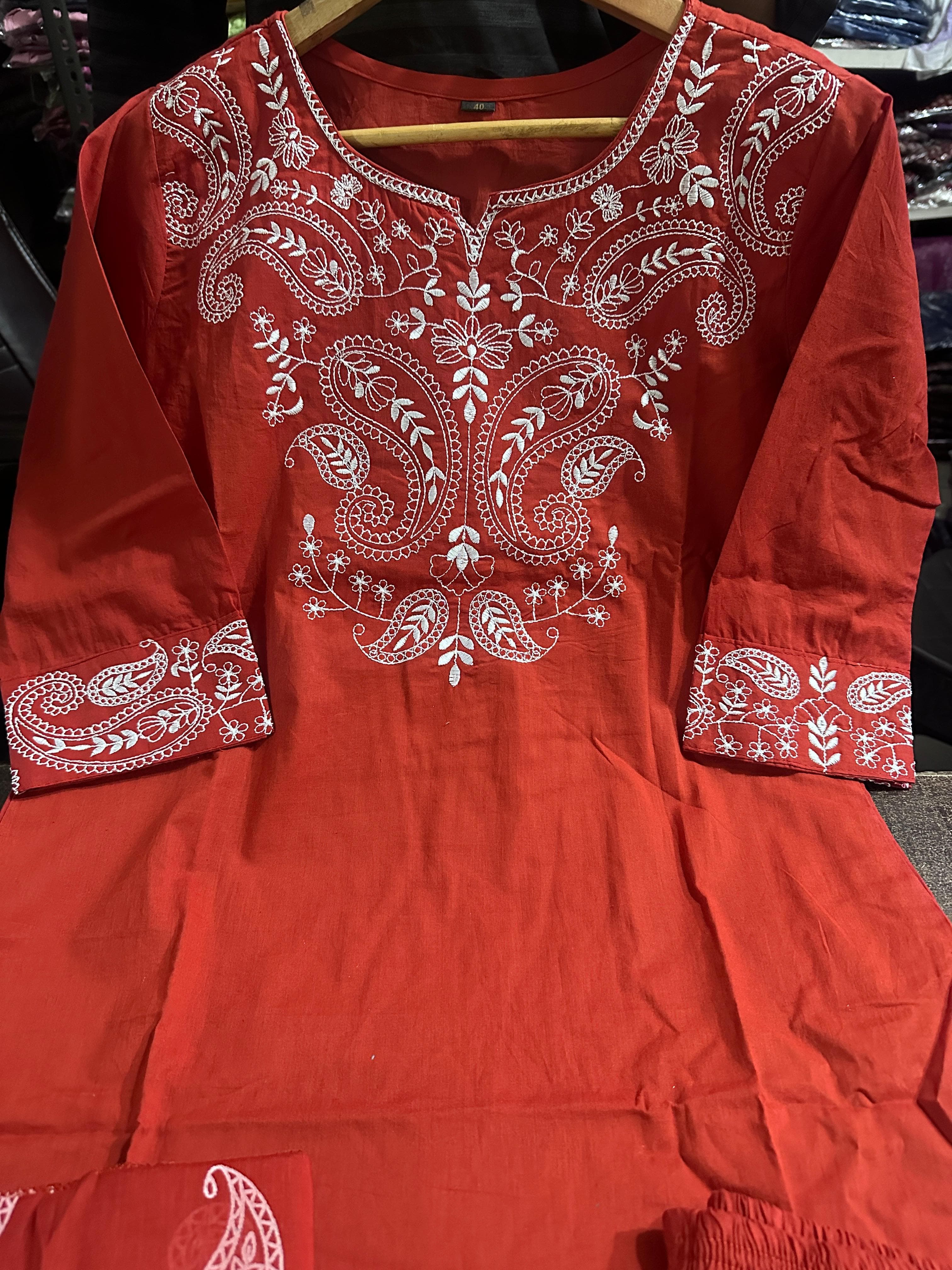 Premium Embroidered Cotton Kurti, Pants and Dupatta Set - Image 7