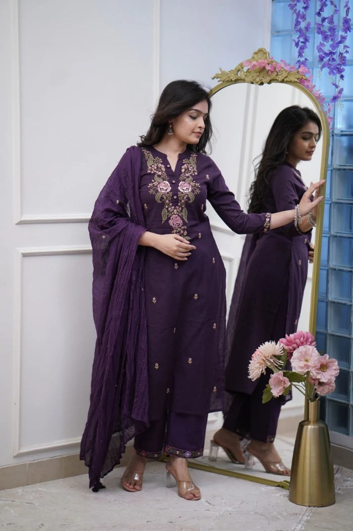 Pure Cotton Purple Embroidery Work Suit Set - Image 3